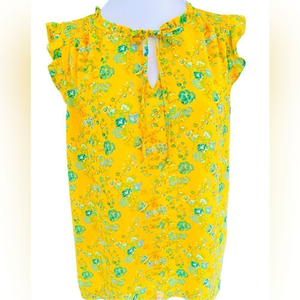 Rose & Olive Yellow Floral Blouse with Ruffle Cap Sleeves size Large